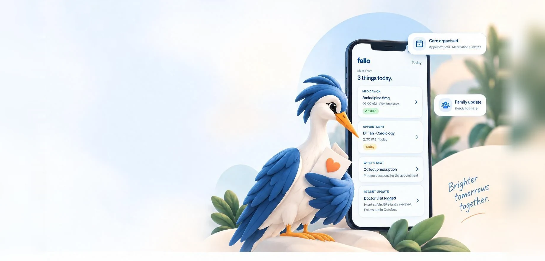Fello care companion with the Fello app, showing medications, appointments and family updates.